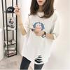 D140 camiseta feminina de manga curta verão nova camiseta estilo coreano solta rasgada camiseta branca de manga curta camiseta feminina de comprimento médio
