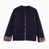 Cárdigan de punto a cuadros falso de dos piezas con retazos para mujer, otoño e invierno, suéter suave y ceroso, abrigo, prenda interior, top gris de hombro recto