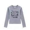 Camiseta Cinza Manga Longa Gola Redonda Ombro Caído Regular para Mulheres, Nova Estampa de Desenho Animado Versátil Slim Fit para Primavera e Outono 2026
