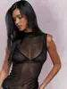 Camiseta sin mangas de malla transparente estilo europeo y americano para mujer, cuello semi-alto, corte ajustado, adelgazante, multicolor, sexy, camiseta básica versátil