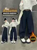 Calça jeans forrada de fleece para meninas outono e inverno, calça casual infantil, calça comprida, roupa de inverno, calça banana larga e grossa, jeans do papai