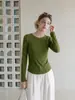 Camiseta Feminina Forever estilo Coreano, gola redonda, manga longa, costura verde contrastante, design outono slim fit