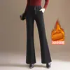 Pantalones de Campana Elásticos Adelgazantes Gruesos de Terciopelo Negro Plus para Mujer 2026 Otoño Invierno Nuevos de Cintura Alta para Viajar Casual Micro Acampanados Largos