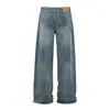 1092 Estilo de calle americano unisex de alta gama diseño vintage lavado con patrón de bambú jeans rectos holgados para hombre