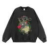 Sudadera con capucha lavada y desgastada estampada anime retro floral negra extragrande hombros caídos sudadera de pullover moderna