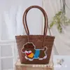 Bolsa Tejida de Cachorro de Dibujos Animados de Colores, Bolso para el Trabajo y el Viaje Diario, Cesta Portátil para Verduras, Bolso de Playa de Mimbre Sintético, Bolso de Mano para Picnic