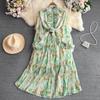 Frete grátis vestido retrô elegante de alta qualidade com gola alta, manga longa, cintura fina, estampado, plissado, elegante, grande, swing