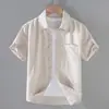 9048 Camisa de Lino de Manga Corta de Verano para Hombre Camisa Casual de Algodón y Lino con Cuello Cuadrado para Hombre Top de Lino de Color Sólido de Media Manga