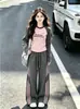 Conjunto casual de outono para meninas 2026 novo estiloso estilo coreano bloco de cores blusa e calça de moletom wide-leg conjunto de duas peças