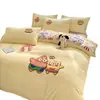 Juego de Ropa de Cama de Cuatro Piezas Bordado de Dibujos Animados Clase A, Sábana de Algodón Puro, Funda de Edredón, Funda de Colcha para Dormitorio, Juego de Tres Piezas, Sábana Ajustable 4