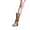 Fivela de Cinto Retrô Botas de Cavaleiro Femininas 2025 Novas Botas de Uso Duplo Botão de Pressão Salto Grosso Botas de Cowboy Ocidentais