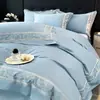 Juego de Ropa de Cama de Cuatro Piezas 100% Algodón Puro de Fibra Larga Estilo Lujo Ligero Bordado Color Sólido Artesanía Funda Nórdica Sábana