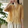 Nova camisa retrô de algodão e linho 2024 Camisa bordada com fio artístico para mulheres, temperamento, costura, top de organza emagrecedor