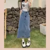 Saia jeans de comprimento médio de cintura alta com fenda, feminina 2026 nova primavera/verão solta em linha A corte reto bodycon
