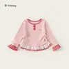 La marca G selecciona ropa infantil de otoño: Camiseta estampada para niñas con ribete de encaje, lindo top de manga larga para bebés