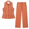 Venta al por mayor para comercio exterior 2026 Moda europea y americana chaleco sin mangas plisado con cuello a rayas + pantalones largos traje de mujer L28739