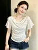 Camiseta Feminina com Laço e Bolinhas, Decote Gota, Manga Curta - Lançamento Verão 2026, Item Quente Único, Bonito, Slim Fit