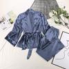 Outono/Inverno 2026 Europeu e Americano Cardigan de Cetim Roupão com Amarração e Calça Cor Sólida Conjunto de Loungewear Pijama Feminino Solto