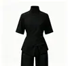 Novo top estilo chinês com gola alta e mangas curtas para mulheres com botões, acinturado, carcela diagonal, camisa cheongsam modificada, vestimenta tradicional chinesa Zen para chá