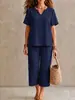 Conjunto de Camisa Casual de Manga Corta con Cuello en V de Color Sólido para Mujer, Transfronterizo Europeo y Americano, con Diseño de Cintura Elástica y Pantalones de Pierna Ancha, Cómodo y Versátil