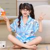 Novo cardigan de seda gelada colorido de verão para meninos e meninas, infantil, com gola de lapela, manga curta, shorts, roupa de casa, tamanho 8-18