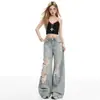 Jeans anchos rotos para mujer, nuevo estilo verano 2026, de tiro alto, fluidos, holgados, versátiles, pantalones rectos desgastados de moda