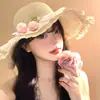 Sombrero de Paja con Borde de Encaje de Tul para Mujer, Estilo Verano, Playa, Vacaciones, Sombrero de Protección Solar, Sombrero de Sol de Ala Ancha