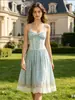 Comercio exterior moda francesa para mujer dulce romántico estampado pastoral con tiras corte ajustado vestido largo para vacaciones en la playa
