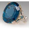 Anel de Safira Azul e Diamante Oval Bicolor de Venda Quente da Moda Europeia e Americana, Anel de Diamante de Nicho Eletrodepositado Estilo de Luxo Leve