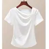 Primavera y Verano Tallas Grandes Holgado Temperamento Casual Hombros Descubiertos Diseño Plegado Sentido Estiloso Manga Corta Top Básico Venta al por Mayor Transfronteriza