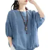 Nueva Camiseta Casual Suelta Talla Grande 2022 para Mujer, Manga Murciélago, Dobladillo con Cordón, Cuello Redondo, Manga Media, Top Pullover para Verano