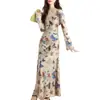 Vestido Largo de Primavera y Otoño con Pliegues, Mangas de Campana, Estampado de Mariposas, Cuello en U para Mujer, Estilo Vintage, Cintura Ceñida, de Venta Transfronteriza