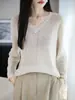 Camiseta Base de Seda de Hielo Hueca con Cuello en V de Nueve Mangas para Mujer, Primavera y Otoño, Delgada, Adelgazante, Francesa, Versátil, para Superponer