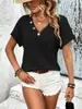 Primavera y Verano 2025 Transfronterizo Amazon Temu Europeo y Americano Nuevo Camiseta de Punto Moda Cuello en V Botón Manga Corta Tops para Mujer