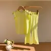 Conjunto de Ropa para Niñas Coreanas con Pantalones Acampanados, Conjunto de Verano Estilo Coreano con Mangas Volantes, Mangas Cortas, para Edades 2-8, Conjunto de Pantalones Largos Casual a la Moda, Exportación