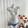 Nuevas Blusas de Primavera Estilo Harajuku, Camisas Casuales Blancas y Azules Ajustadas con Diseño Coreano para Figuras Menudas, Adecuadas para Vestir en Capas a Principios de Otoño