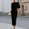 2026 Roupa Feminina Transfronteiriça Europeia e Americana Elegante Temperamento Estilo Socialite Cintura Marcada Emagrecedor Manga Média Cor Sólida Vestido Longo