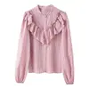 Nueva Moda Primavera y Verano Estilo Europeo y Americano Diseño de Volantes Moda Rayas Decorativas en Capas Camisa para Mujer Mangas Largas Rosa