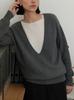 Suéter de Lã Tricotado com Gola Grande, Cor Contrastante, Falso Duas Peças, Estilo Minimalista, Guarda-Roupa, Outono e Inverno para Mulheres