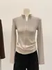 Camiseta Cropped com Zíper Meio (Half-Zip) Estilo Americano Picante para Mulheres, Top Elegante com Gola Alta, Camisa Térmica de Manga Longa Escovada para Outono e Inverno