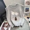 Colete Tricotado Floral Bordado 2026 Novo Primavera/Outono Gola Redonda Estilo Coreano Solto Sem Mangas Suéter Versátil