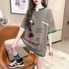 Camiseta feminina de manga curta bordada estilo coreano, indústria pesada, desenho animado, menina, 2024, tamanho grande, top feminino para meninas gordinhas
