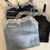 Camisole de Retalhos Jeans Vintage Sweet Spice Girl com Renda Lateral Top Interno Feminino com Bojo Fita Costas Plissadas Lindo Top Versátil