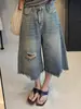 Jeans Cropped Rasgados Estilo Retro Americano para Mujer, Nuevos Pantalones de Verano de Cintura Alta Sueltos Rectos de Pierna Ancha Que No Se Pegan a las Piernas