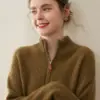 Suéter de Cachemir con Cuello Alto y Media Cremallera para Mujer 100% Cachemir Puro Tejido de Punto Trenzado Grueso Ajuste Holgado Adelgazante Suéter Básico de Punto