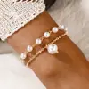 Elegante Europeu e Americano, Fresco e Fresco, Estilo Empilhado Pulseira de Contas de Arroz Pérola Flor Branca, Conjunto Aberto de Cinco Peças de Pulseiras e Pulseiras