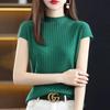 Camiseta de Tricô de Seda de Gelo de Verão Fina com Manga Curta Feminina Gola Alta Meio Elegante Solta Curta Moda Básica Manga Curta Top