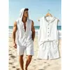 Conjunto europeo de verano para hombre sin mangas con capucha, de algodón y lino, top y shorts para hombre, atuendo casual holgado para vacaciones