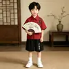 Conjunto de Camisa de Manga Curta com Estampa de Folha de Bambu Estilo Chinês Novo de Verão para Meninos, Lindo Conjunto de Duas Peças de Vestido Estilo Chinês Novo