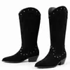 Botas Western de Salto Alto para Comércio Exterior para Outono e Inverno, Botas de Cano Alto Transfronteiriças, Botas Femininas Leves de Calçar em Cor Sólida, Salto Quadrado, Versátil, Calçados Plus Size